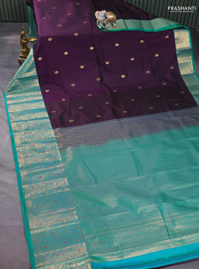 Bangalori silk saree wine shade and teal green with zari woven buttas and long zari woven border and Butta style