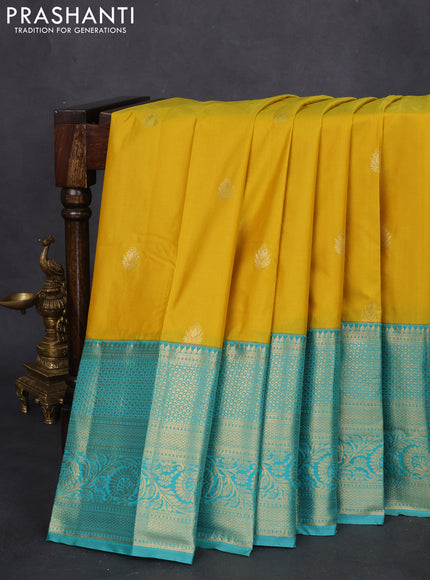 Bangalori silk saree yellow and teal green shade with zari woven buttas and long zari woven border and Butta style
