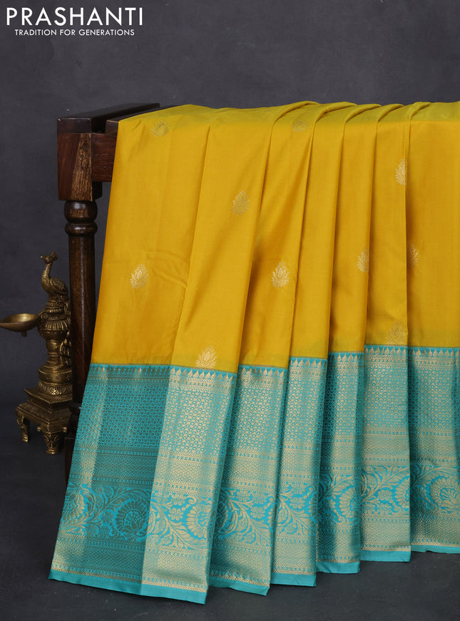 Bangalori silk saree yellow and teal green shade with zari woven buttas and long zari woven border and Butta style