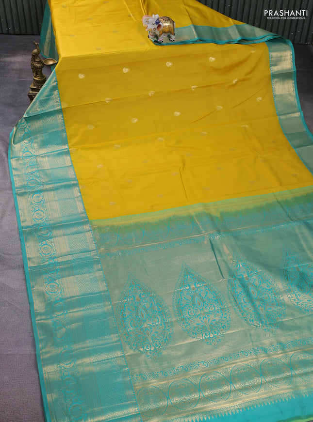 Bangalori silk saree yellow and teal green shade with zari woven buttas and long zari woven border and Butta style