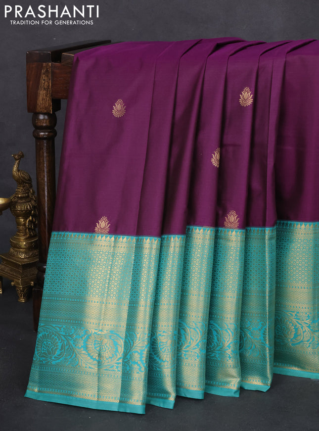 Bangalori silk saree deep purple and teal green shade with zari woven buttas and long zari woven border and Butta style
