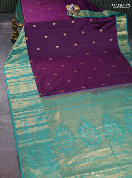 Bangalori silk saree deep purple and teal green shade with zari woven buttas and long zari woven border and Butta style