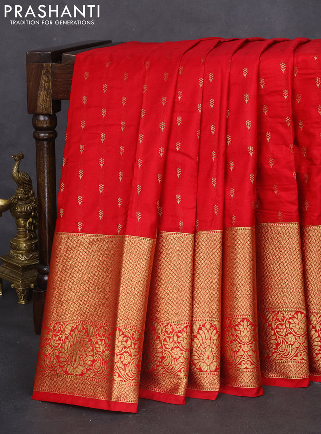 Bangalori silk saree red with allover zari woven buttas and long zari woven border and Butta style