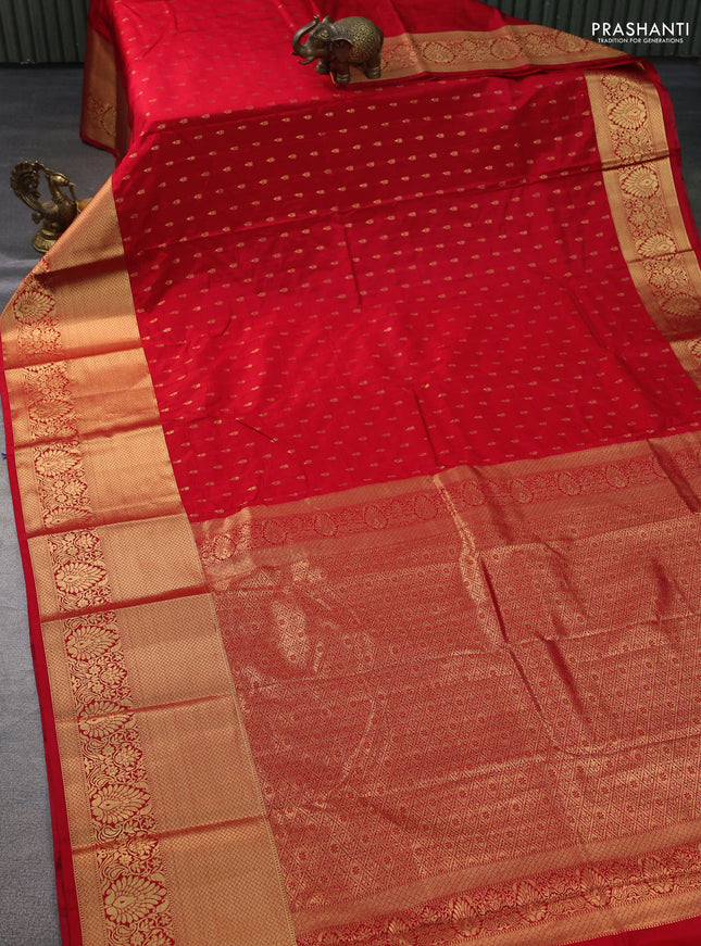 Bangalori silk saree red with allover zari woven buttas and long zari woven border and Butta style