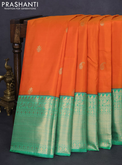 Bangalori silk saree orange and teal green shade with zari woven buttas and long zari woven border and Butta style