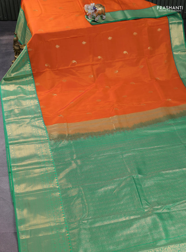 Bangalori silk saree orange and teal green shade with zari woven buttas and long zari woven border and Butta style