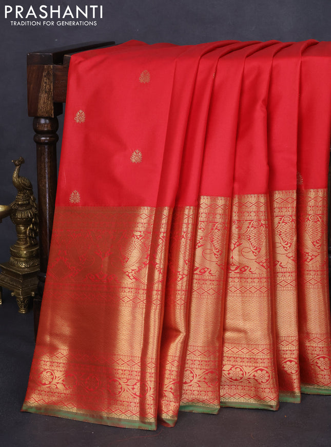 Bangalori silk saree red and green with allover zari woven buttas and long zari woven border and Butta style