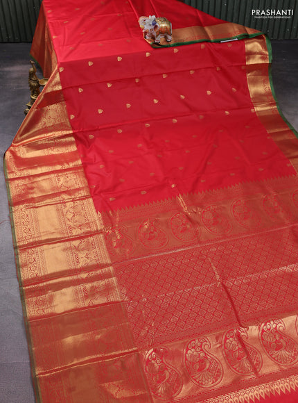 Bangalori silk saree red and green with allover zari woven buttas and long zari woven border and Butta style
