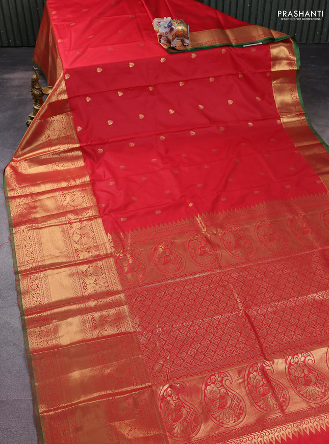Bangalori silk saree red and green with allover zari woven buttas and long zari woven border and Butta style