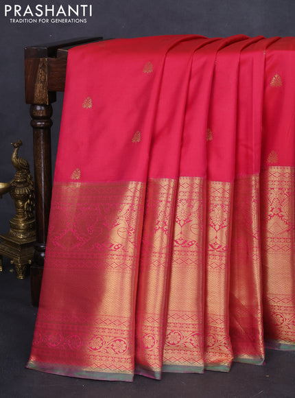 Bangalori silk saree reddish pink and dual shade of green with allover zari woven buttas and long zari woven border and Butta style