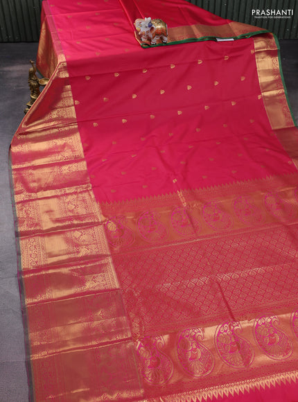 Bangalori silk saree reddish pink and dual shade of green with allover zari woven buttas and long zari woven border and Butta style