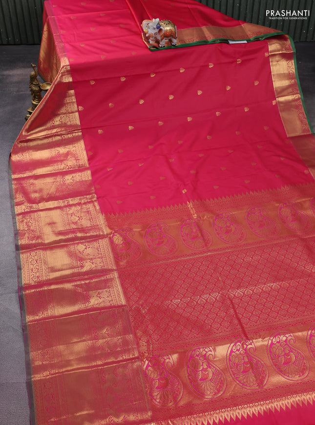 Bangalori silk saree reddish pink and dual shade of green with allover zari woven buttas and long zari woven border and Butta style