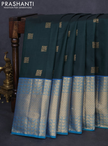 Bangalori silk saree bottle green and teal blue with allover zari woven buttas and long zari woven border and Butta style