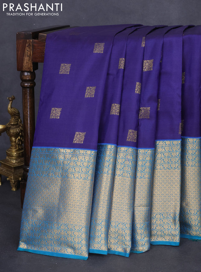 Bangalori silk saree dark blue and teal blue with allover zari woven buttas and long zari woven border and Butta style