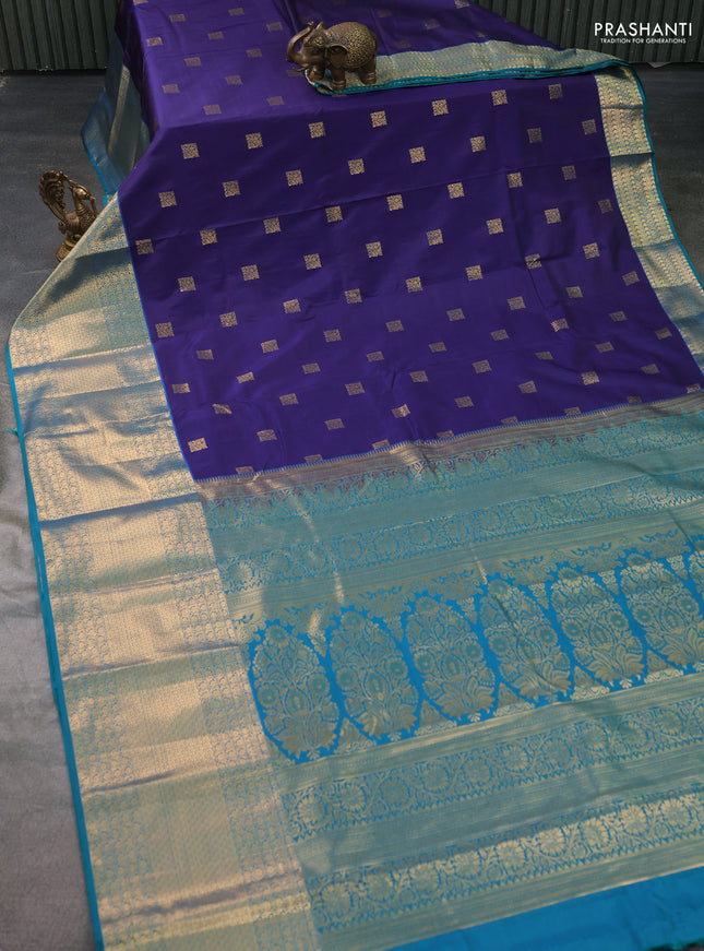 Bangalori silk saree dark blue and teal blue with allover zari woven buttas and long zari woven border and Butta style