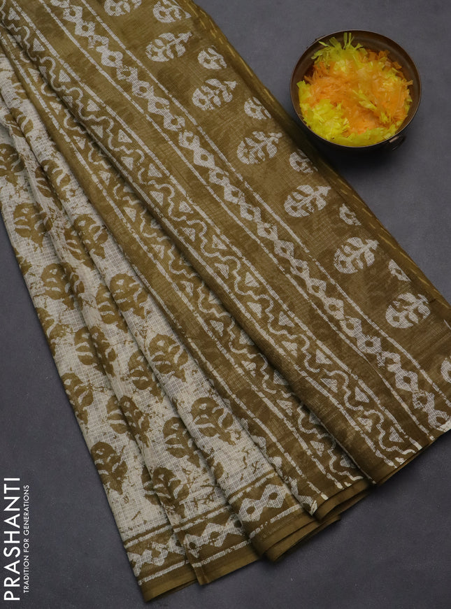 Kota doria saree off white and mehendi green with allover butta prints and printed border
