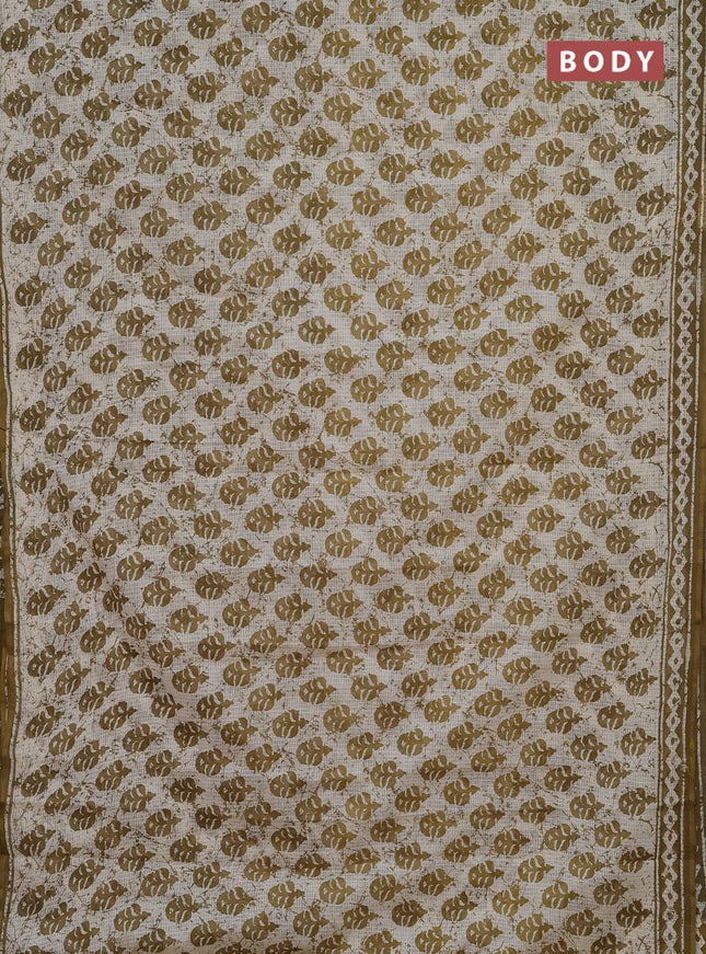 Kota doria saree off white and mehendi green with allover butta prints and printed border