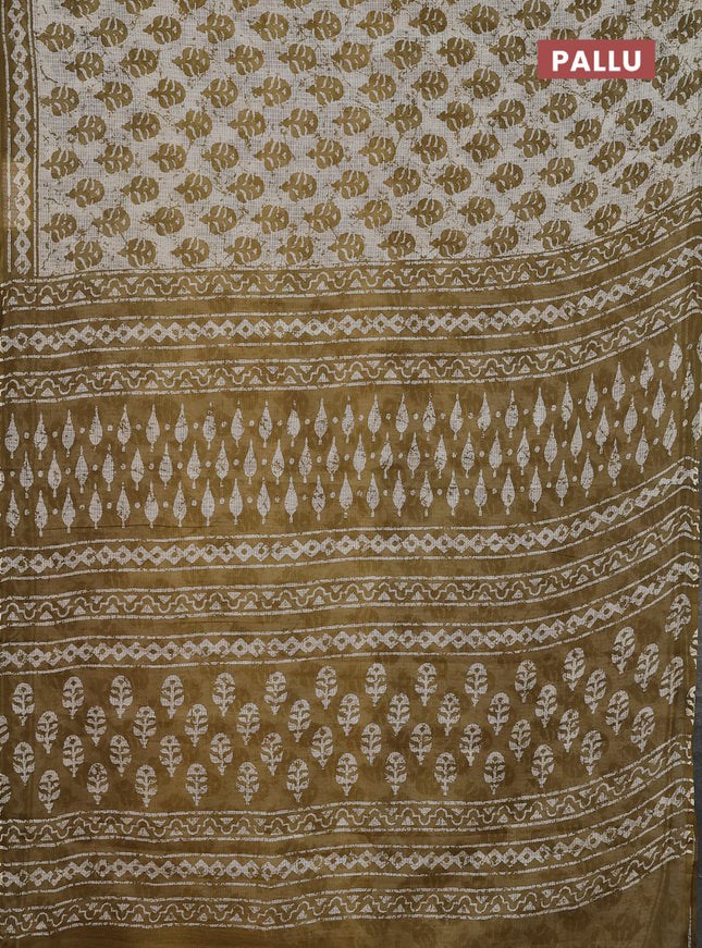 Kota doria saree off white and mehendi green with allover butta prints and printed border