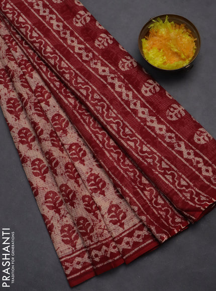 Kota doria saree sandal and maroon with allover butta prints and printed border