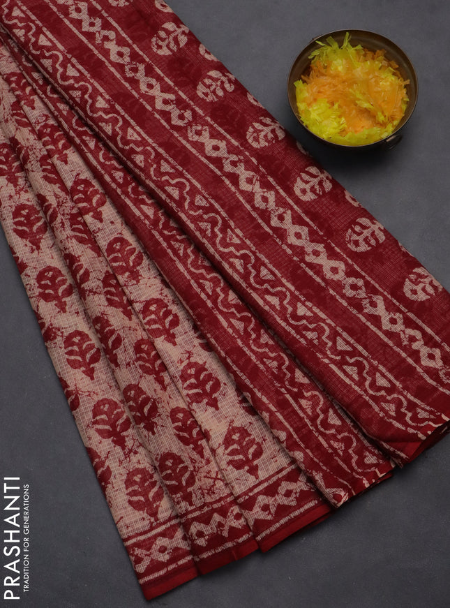 Kota doria saree sandal and maroon with allover butta prints and printed border