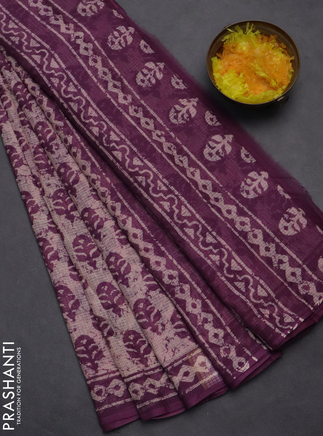 Kota doria saree pastel peach shade and purple with allover butta prints and printed border
