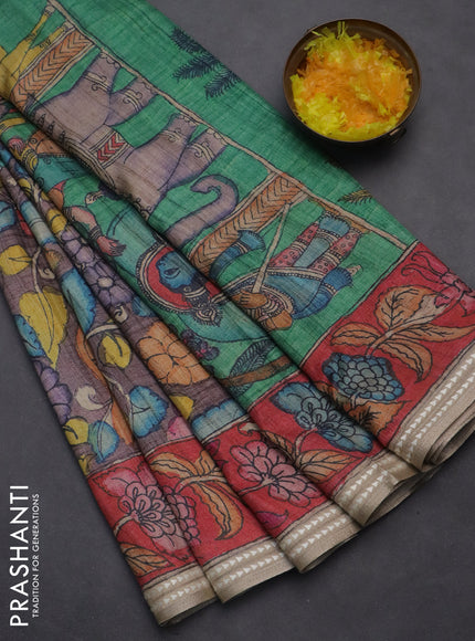 Semi tussar saree wine shade and red with allover kalamkari prints and printed border