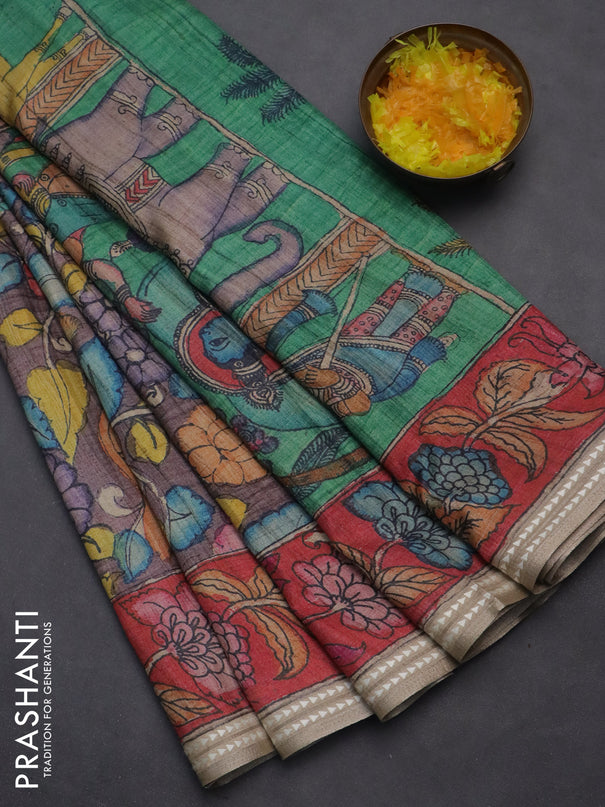 Semi tussar saree wine shade and red with allover kalamkari prints and printed border