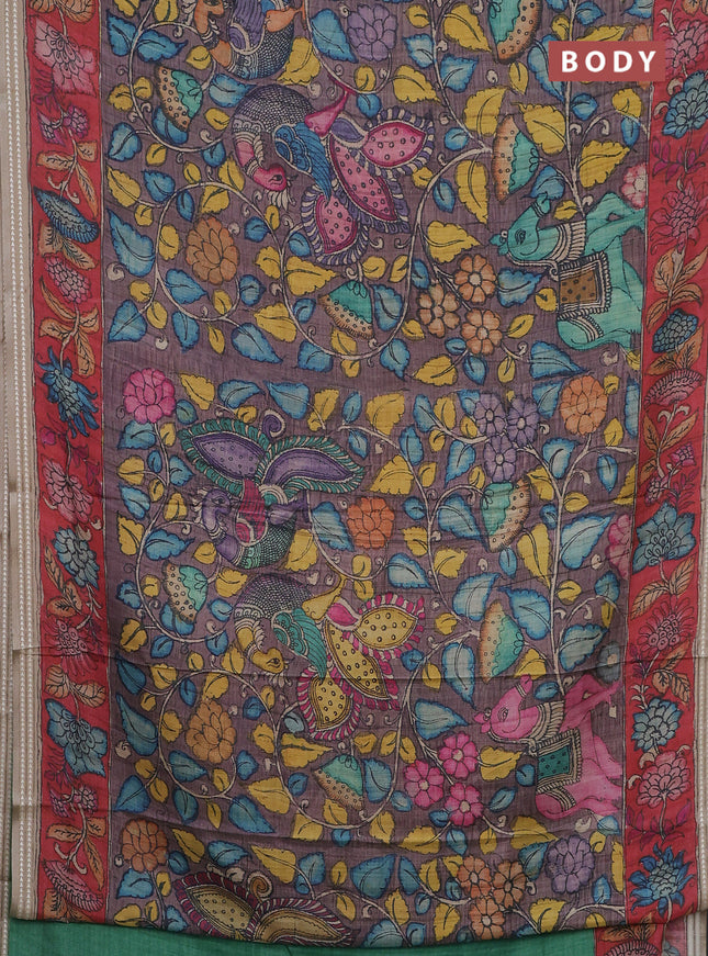 Semi tussar saree wine shade and red with allover kalamkari prints and printed border