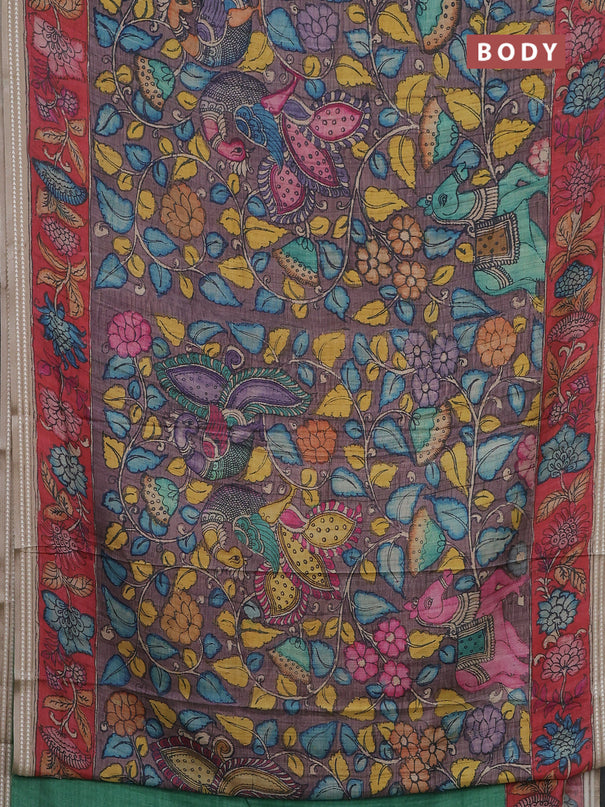 Semi tussar saree wine shade and red with allover kalamkari prints and printed border