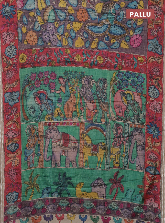 Semi tussar saree wine shade and red with allover kalamkari prints and printed border