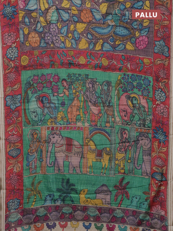 Semi tussar saree wine shade and red with allover kalamkari prints and printed border