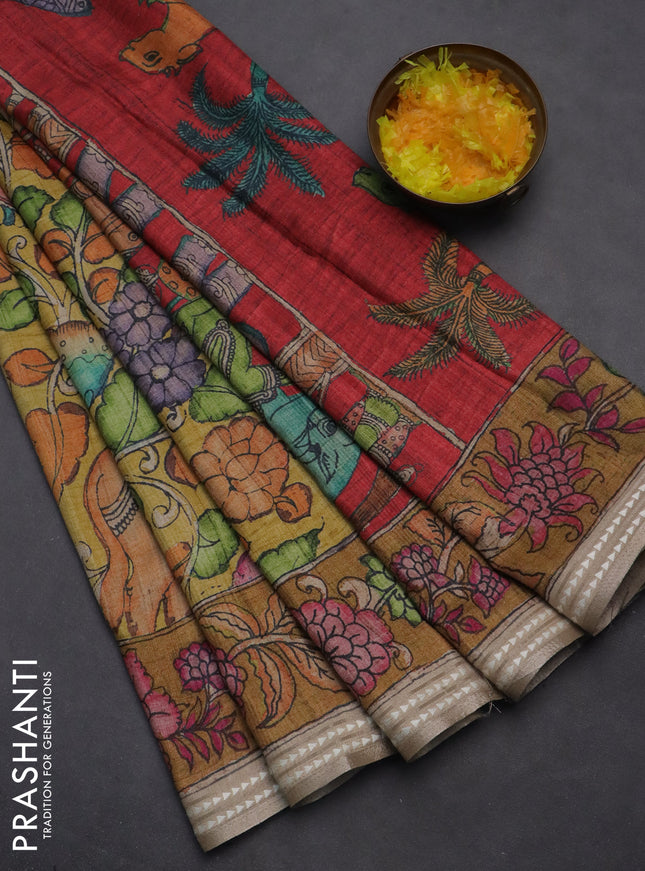 Semi tussar saree mustard yellow and dark mustard with allover kalamkari prints and printed border