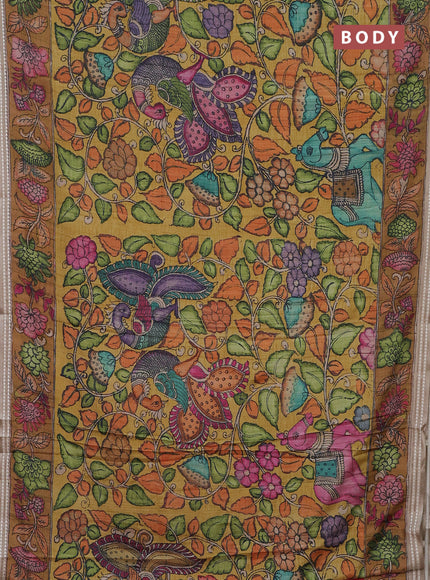 Semi tussar saree mustard yellow and dark mustard with allover kalamkari prints and printed border