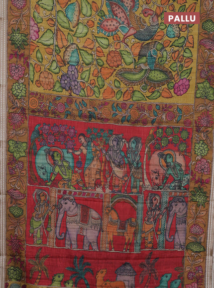 Semi tussar saree mustard yellow and dark mustard with allover kalamkari prints and printed border