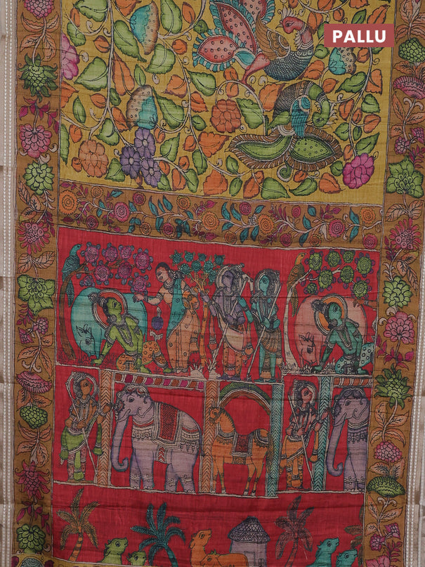 Semi tussar saree mustard yellow and dark mustard with allover kalamkari prints and printed border