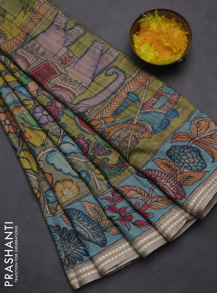Semi tussar saree greyish green and blue with allover kalamkari prints and printed border