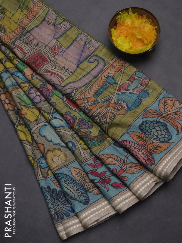 Semi tussar saree greyish green and blue with allover kalamkari prints and printed border