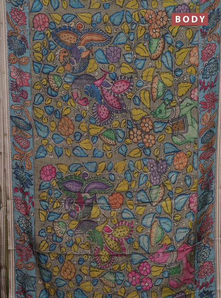 Semi tussar saree greyish green and blue with allover kalamkari prints and printed border