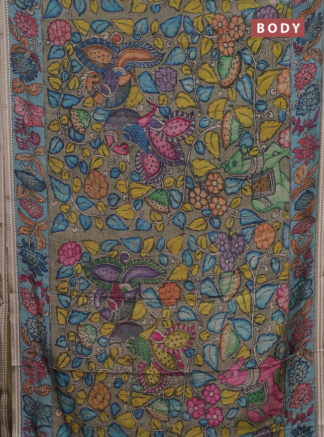 Semi tussar saree greyish green and blue with allover kalamkari prints and printed border