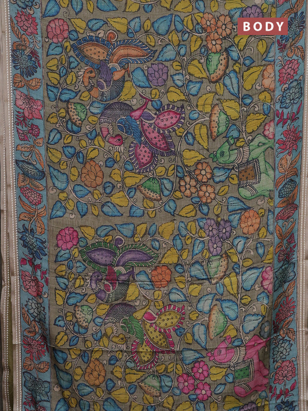 Semi tussar saree greyish green and blue with allover kalamkari prints and printed border