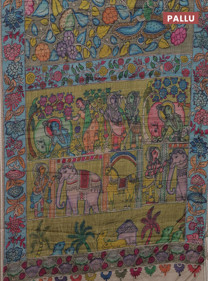 Semi tussar saree greyish green and blue with allover kalamkari prints and printed border