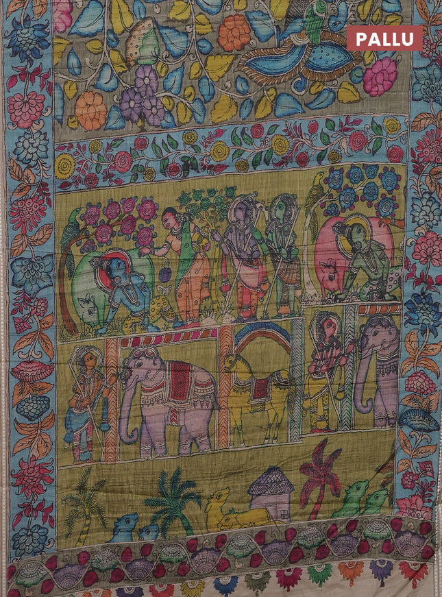 Semi tussar saree greyish green and blue with allover kalamkari prints and printed border