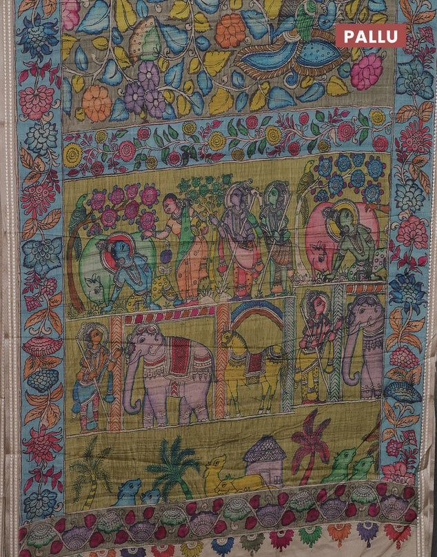 Semi tussar saree greyish green and blue with allover kalamkari prints and printed border