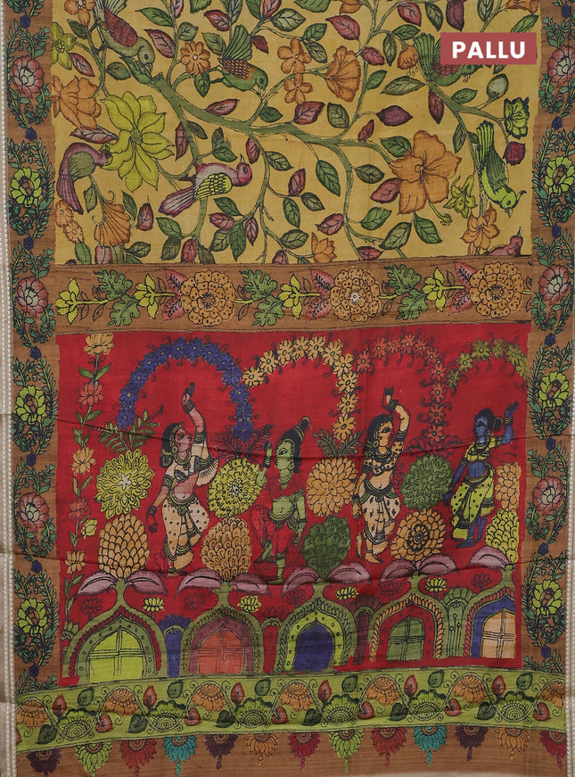 Semi tussar saree yellow and dark mustard with allover kalamkari prints and printed border