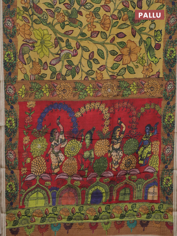 Semi tussar saree yellow and dark mustard with allover kalamkari prints and printed border
