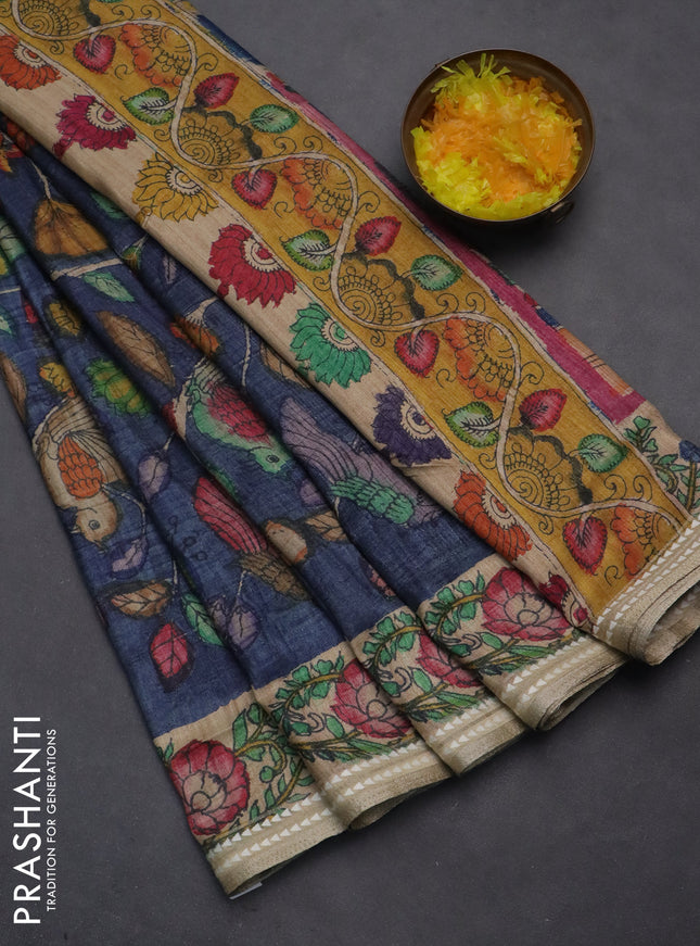 Semi tussar saree bluish grey and beige with allover kalamkari prints and printed border