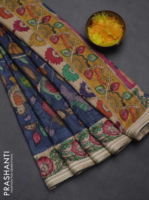 Semi tussar saree bluish grey and beige with allover kalamkari prints and printed border