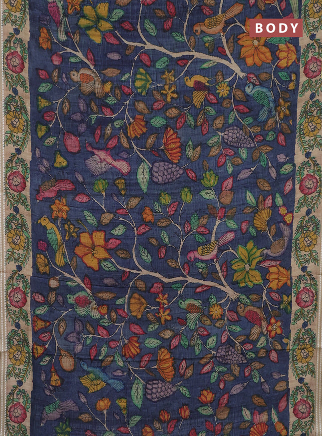 Semi tussar saree bluish grey and beige with allover kalamkari prints and printed border