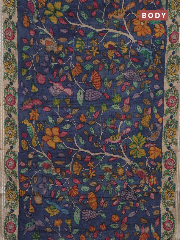 Semi tussar saree bluish grey and beige with allover kalamkari prints and printed border