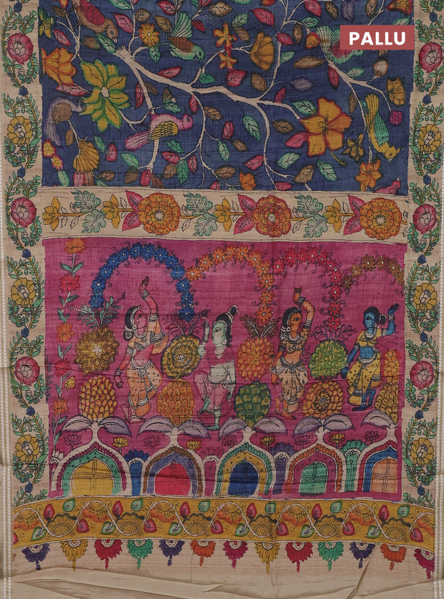 Semi tussar saree bluish grey and beige with allover kalamkari prints and printed border